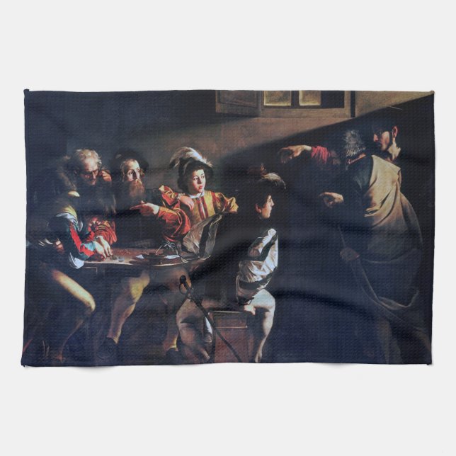 The Calling of Saint Matthew, Caravaggio Tea Towel (Horizontal)