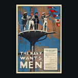 The Canadian Navy Wants Men Vintage WW2 Poster<br><div class="desc">Vintage historical World War 2 Canadian Navy recruiting poster features sailors and officers aboard ship with flags flying against a clear blue sky. Poster reads "The Royal Naval Canadian Volunteer Reserve Oversees Division. Men of Good Character and Physique". Vintage allied war effort poster for your home or office.</div>