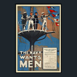 The Canadian Navy Wants Men Vintage WW2 Poster<br><div class="desc">Vintage historical World War 2 Canadian Navy recruiting poster features sailors and officers aboard ship with flags flying against a clear blue sky. Poster reads "The Royal Naval Canadian Volunteer Reserve Oversees Division. Men of Good Character and Physique". Vintage allied war effort poster for your home or office.</div>