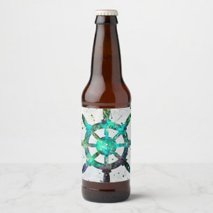 The Captain's Wheel In Blue Green Ocean Colours Beer Bottle Label