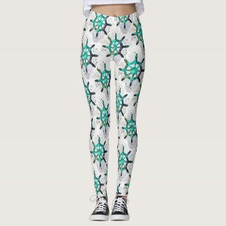 The Captain's Wheel In Blue Green Ocean Colours Leggings