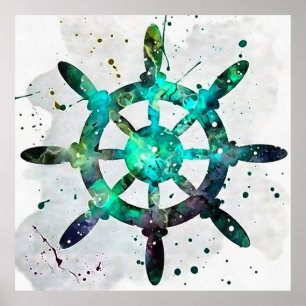 The Captains Wheel In Blue Green Ocean Colours Poster
