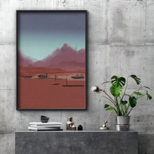 The car is parked in desert mountains landscape poster