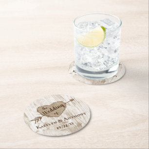The Carved Heart Tree Wedding Collection Round Paper Coaster