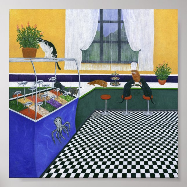 The Cat Cafe. Colourful Square Cat Art Poster (Front)