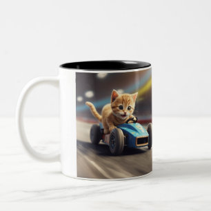 The cat drives a blue racing car 2024 Two-Tone coffee mug