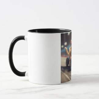 The cat drives a blue racing car mug