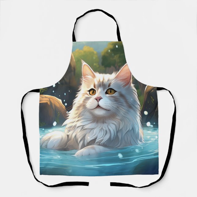 The Cat Enjoing a Hot Spring: All-Over Print Apron (Front)