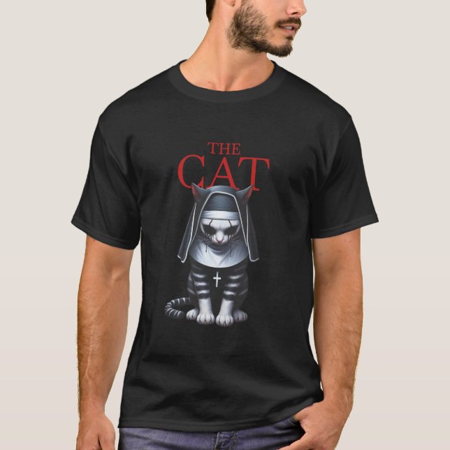 The Cat Funny Halloween Horrors Movie Parody Black T-Shirt (Front)