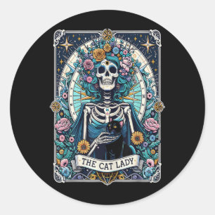 The Cat Lady Tarot Card Skeleton Cat Mum Cat Lover Classic Round Sticker