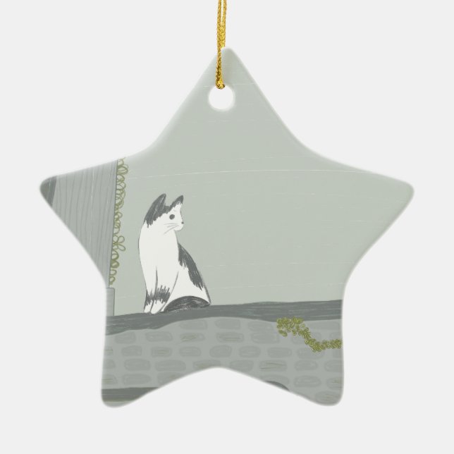 The cat on the fence ceramic tree decoration (Front)