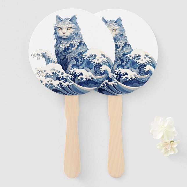 The Cat Wave Off Kanagawa Hand Fan (Front and Back)