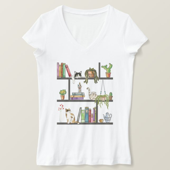 The Cats Lying on a Bookshelf, Cat and Books T-Shirt (Design Front)