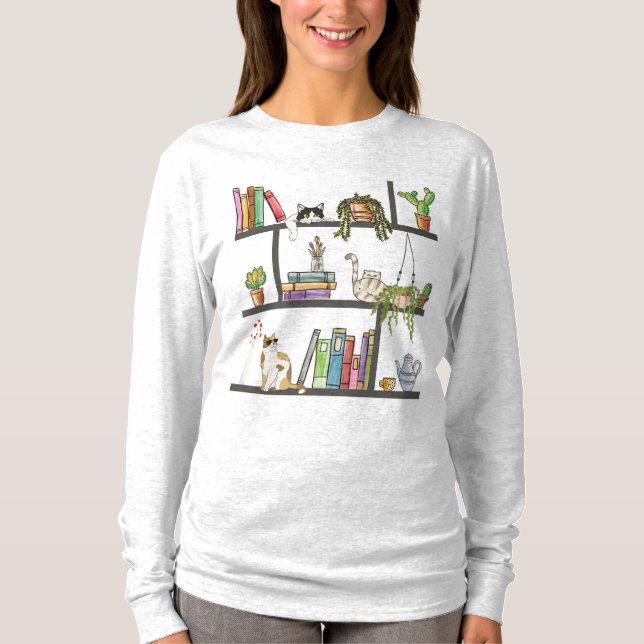 The Cats Lying on a Bookshelf, Cat and Books T-Shirt (Front)