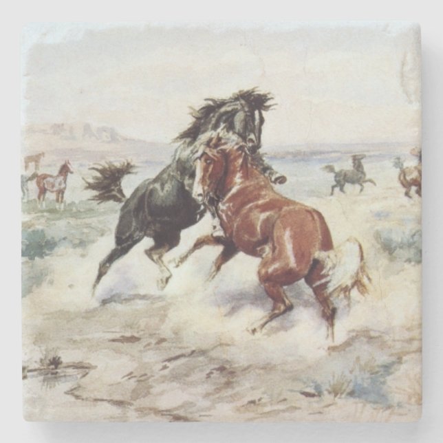 The Challenge (Male Horses Fighting) Stone Coaster (Front)