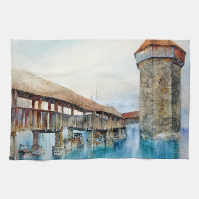 The Chapel Bridge in Lucerne (Switzerland) Tea Towel (Horizontal)