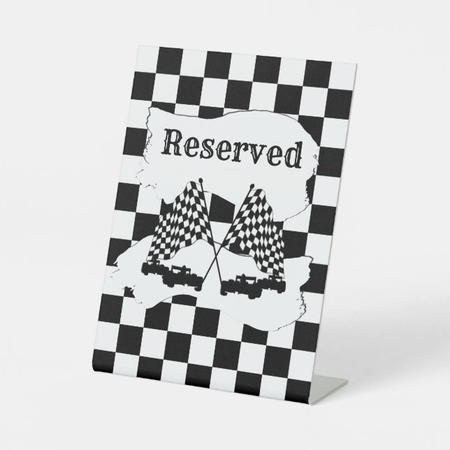 The Chequered Flag and Race Cars Reserved Pedestal Sign (Front)