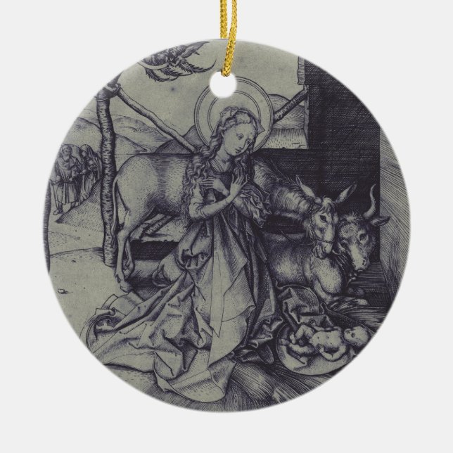 The Christmas Nativity Stark Ink Art Ceramic Tree Decoration (Front)