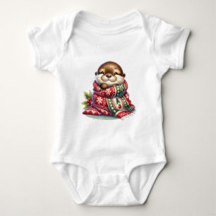 The Christmas Otter in a Scarf Baby Bodysuit