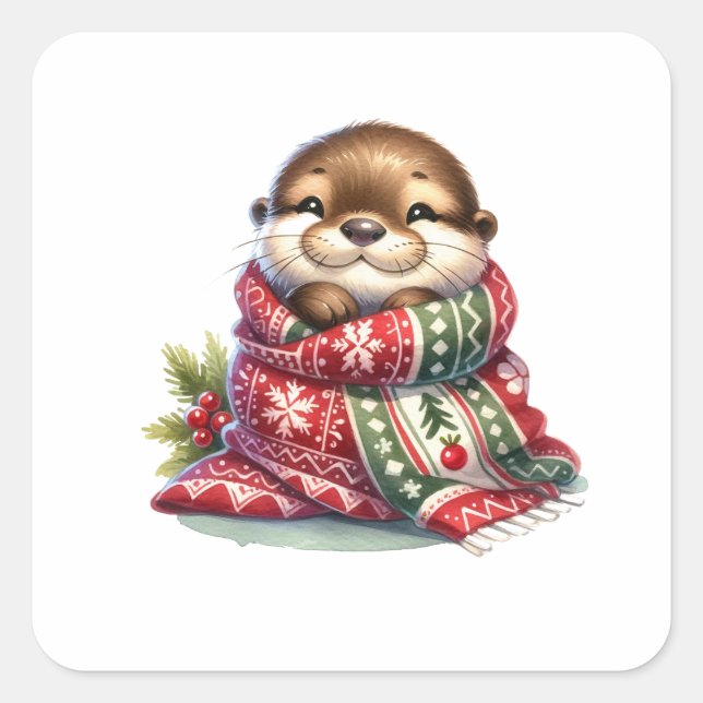 The Christmas Otter in a Scarf Square Sticker (Front)