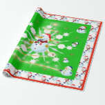 The Christmas Snowman - Wrapping Paper<br><div class="desc">This design features a white and blue snowflake, a golden tree, coloured snowflakes and lots of snowmen dressed for a cold Christmas season. A green backround and red border was added. A tiled snowman was added to the backdrop. This Christmas wrapping paper is available in assorted styles, colours and sizes....</div>