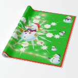 The Christmas Snowman - Wrapping Paper<br><div class="desc">This design features a white and blue snowflake,  a golden tree,  coloured snowflakes and lots of snowmen dressed for a cold Christmas season. A green backround was added along with a red border. This Christmas wrapping paper is available in assorted styles,  colours and sizes.</div>