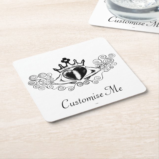 The Claddagh (Black) Square Paper Coaster (Angled)
