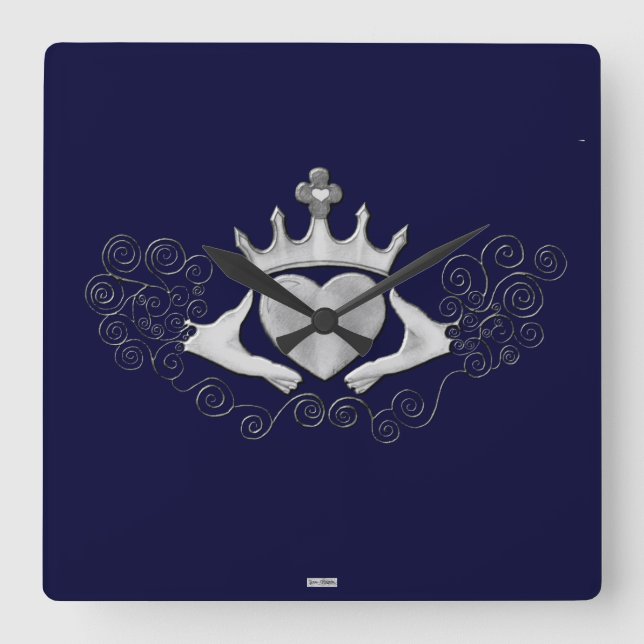 The Claddagh (Silver) Square Wall Clock (Front)