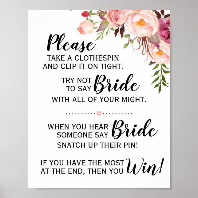 The clothespin game bridal shower pink floral sign (Front)