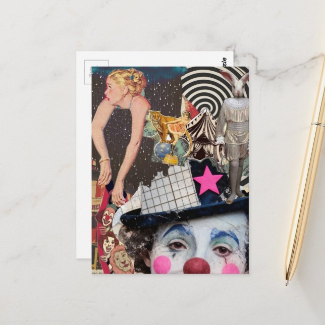 The clown mixed media collage postcard (Front/Back In Situ)