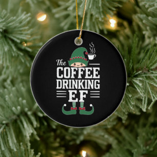 The Coffee Drinking Elf Family Matching Christmas  Ceramic Tree Decoration