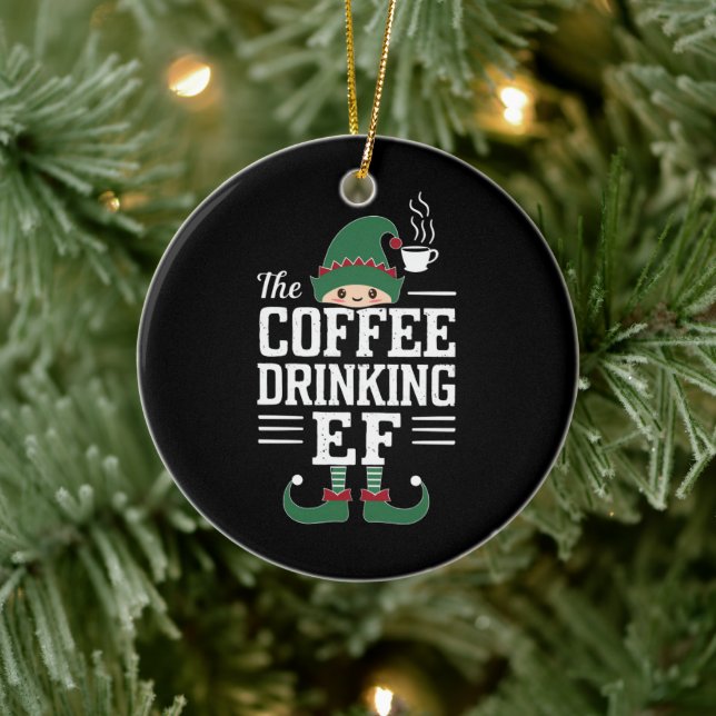The Coffee Drinking Elf Family Matching Christmas  Ceramic Tree Decoration (Tree)