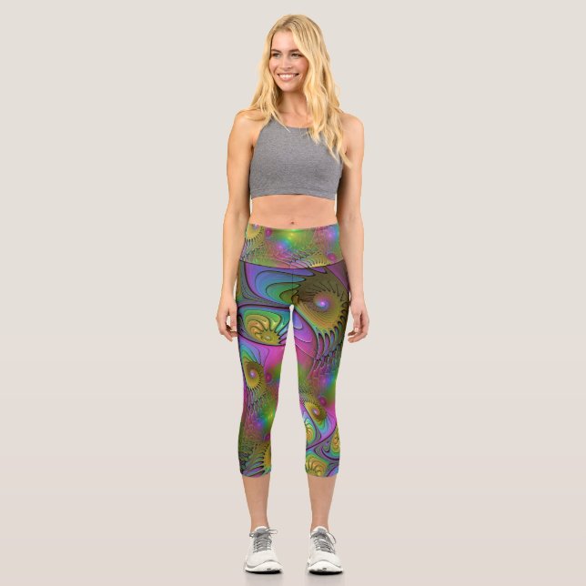 The Colourful Luminous Trippy Abstract Fractal Art Capri Leggings (Front)