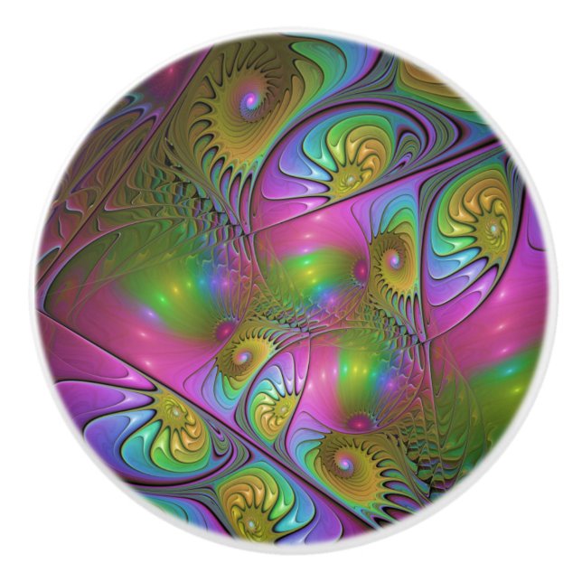 The Colourful Luminous Trippy Abstract Fractal Art Ceramic Knob (Front)