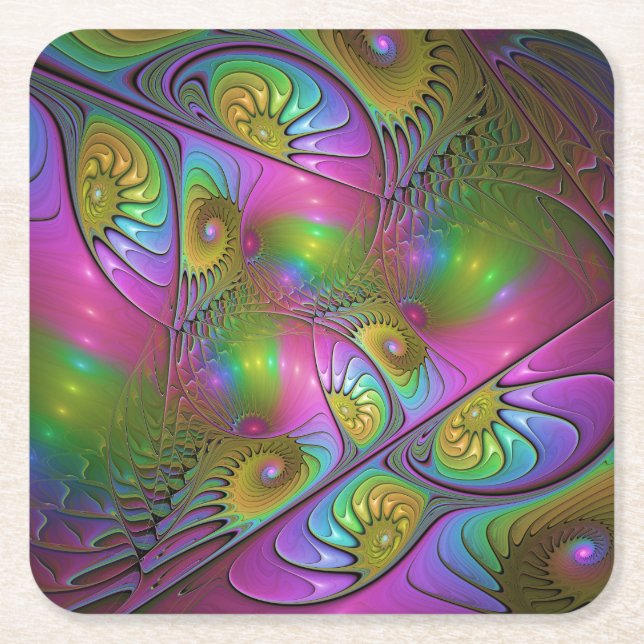 The Colourful Luminous Trippy Abstract Fractal Art Square Paper Coaster (Front)