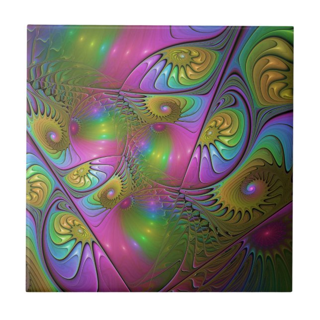 The Colourful Luminous Trippy Abstract Fractal Art Tile (Front)
