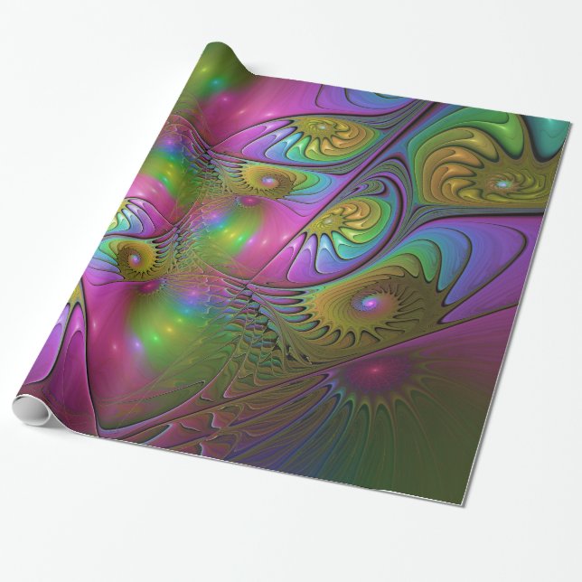 The Colourful Luminous Trippy Abstract Fractal Art Wrapping Paper (Unrolled)