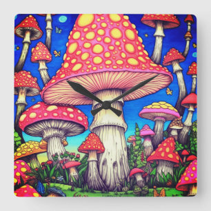 The Colourful Red and Yellow Mushrooms on a Square Wall Clock