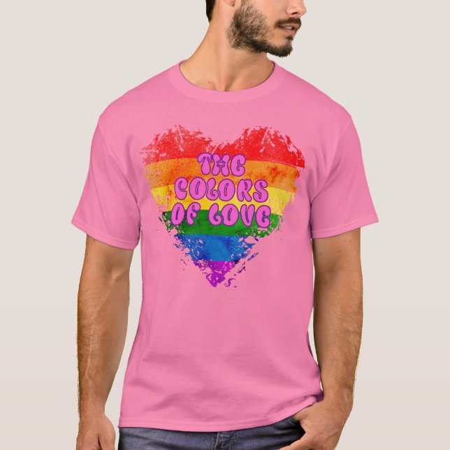 The Colours of Love Gay Pride LGBTQ Rainbow Heart T-Shirt (Front)