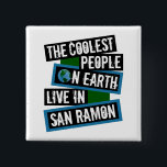 The Coolest People on Earth Live in San Ramon 15 Cm Square Badge<br><div class="desc">This design features bold, layered text with the phrase "The Coolest People on Earth Live in San Ramon" in a striking cool color palette. A globe graphic, integrated with coordinating blue and green blocks, symbolizes the city's global appeal. The design is suitable for showcasing local pride, as it boldly declares...</div>