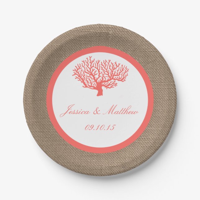 The Coral On Burlap Boho Beach Wedding Collection Paper Plate (Front)