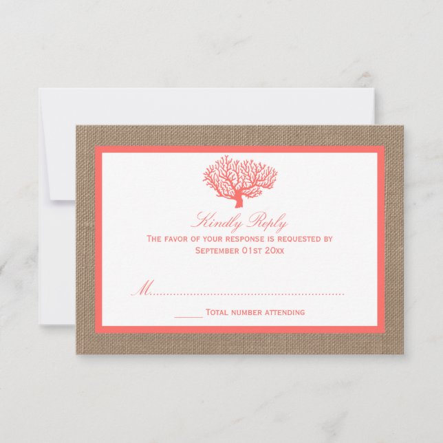 The Coral On Burlap Boho Beach Wedding Collection RSVP Card (Front)