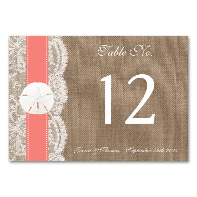 The Coral Sand Dollar Beach Wedding Collection Table Number (Front)