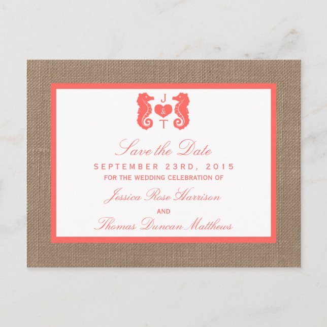 The Coral Seahorse Burlap Beach Wedding Collection Announcement Postcard (Front)