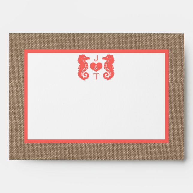 The Coral Seahorse Burlap Beach Wedding Collection Envelopes (Front)