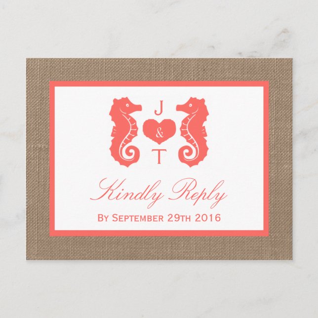 The Coral Seahorse Burlap Beach Wedding Collection Invitation Postcard (Front)