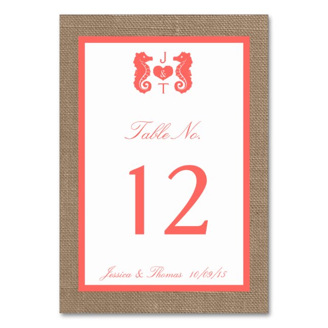 The Coral Seahorse Burlap Beach Wedding Collection Table Number (Front)