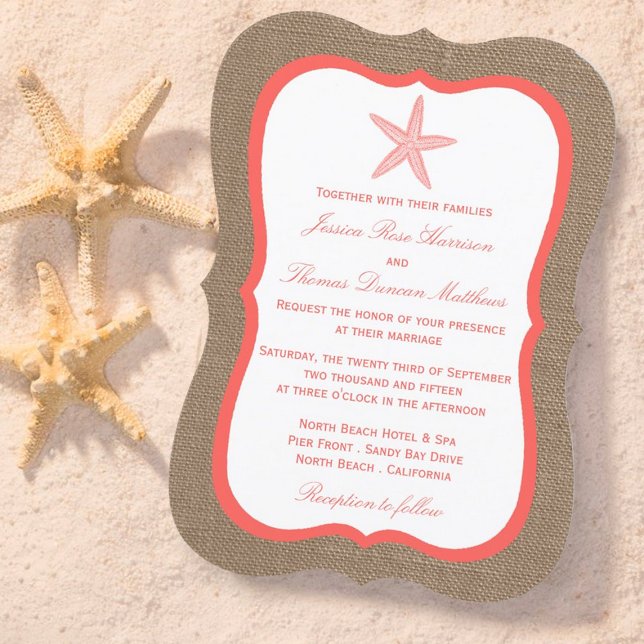 The Coral Starfish Burlap Beach Wedding Collection Invitation (Creator Uploaded)