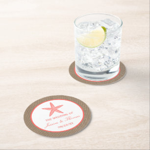 The Coral Starfish Burlap Beach Wedding Collection Round Paper Coaster