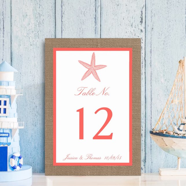 The Coral Starfish Burlap Beach Wedding Collection Table Number (Creator Uploaded)